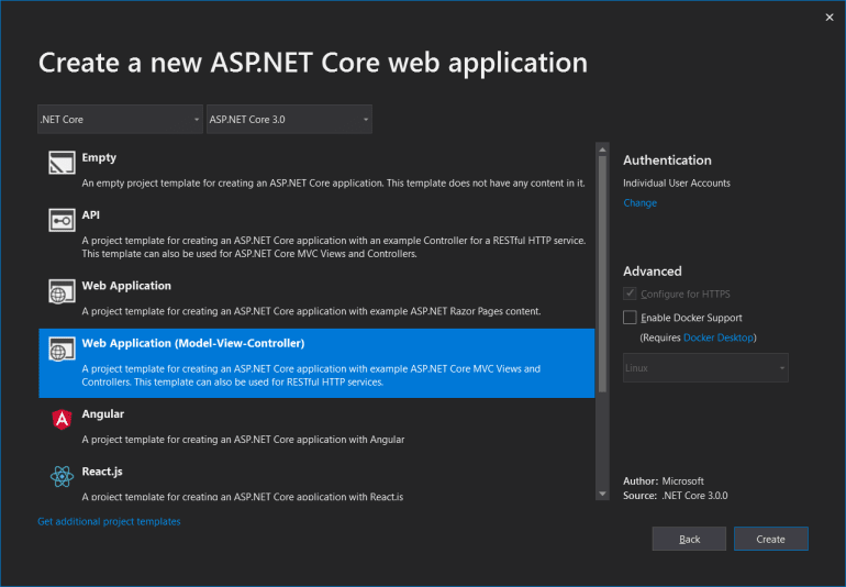 Create a new ASP.NET Core web application dialog with Web Application (Model-View-Controller) selected