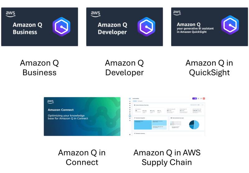 Amazon Q Business  Amazon Q Developer  Amazon Q in QuickSight  Amazon Q in Connect  Amazon Q in AWS Supply Chain