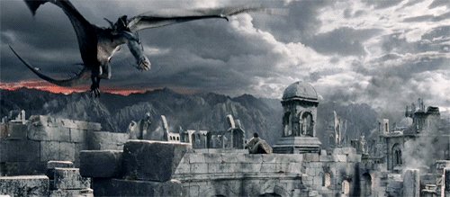 Nazgul on dragon from Lord of the Rings movie flying in front of Frodo