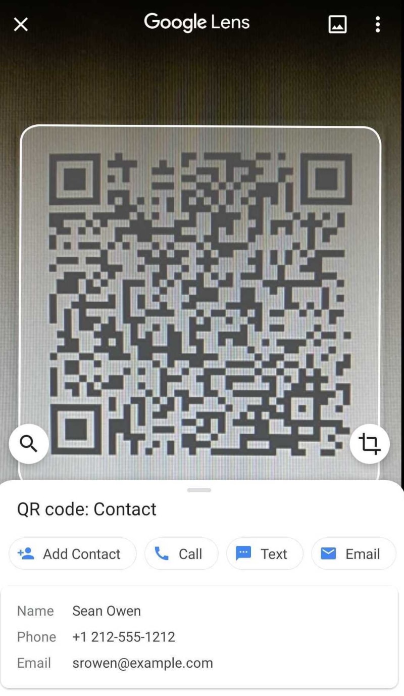 Google Lens QR Code scanned response for contact information