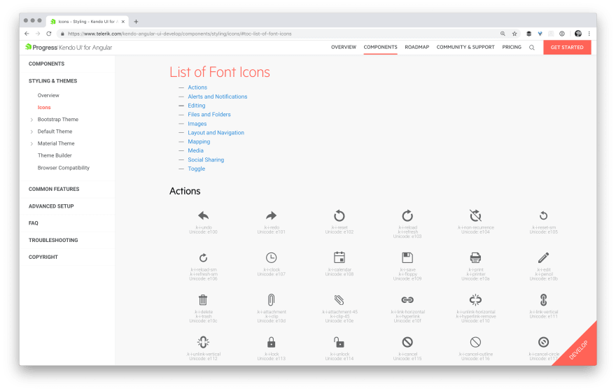 screenshot of kendo ui docs showing a list of icons available