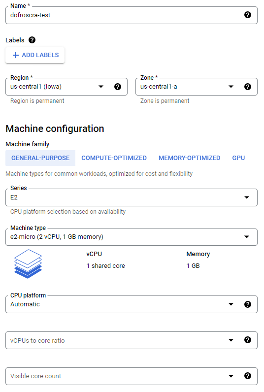 GCP instance settings