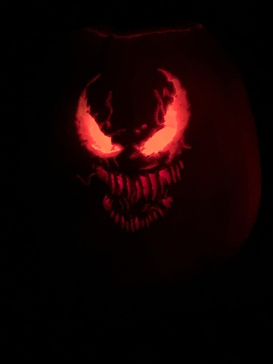 carved pumpkin of Venom (as in Spiderman character)