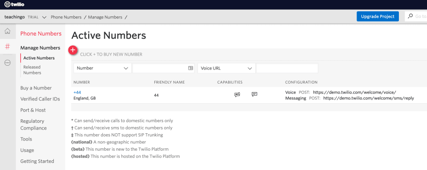 Twilio Active Numbers Interface