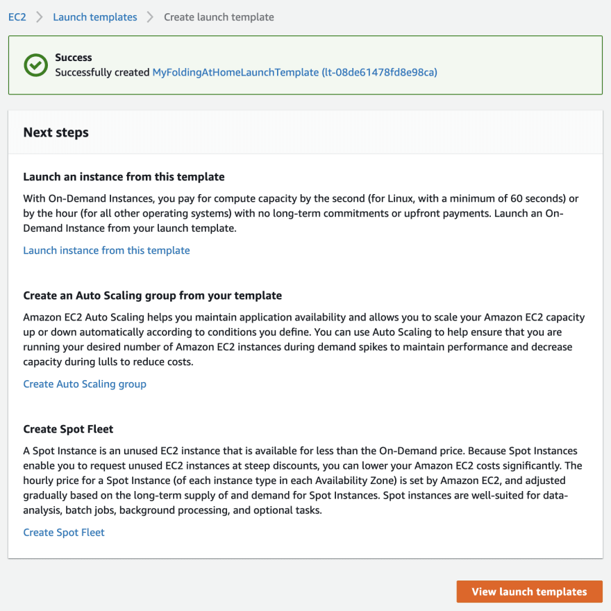 Image of Launch Template creation success screen