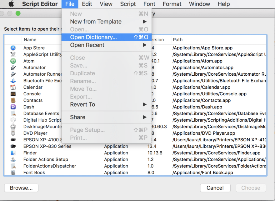 Dictionary for the script editor