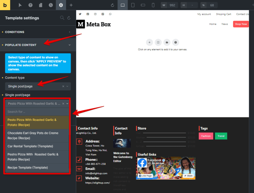 Choose a post in the Populate Content section to see its preview