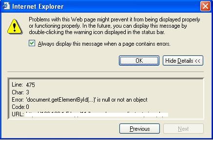 Internet Explorer screenshot: null or not an object
