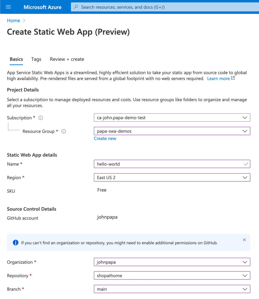 Create a Static Web Apps resource