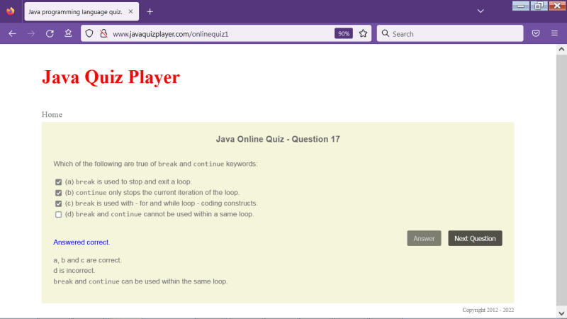 The browser screen shot of the quiz app with a question data