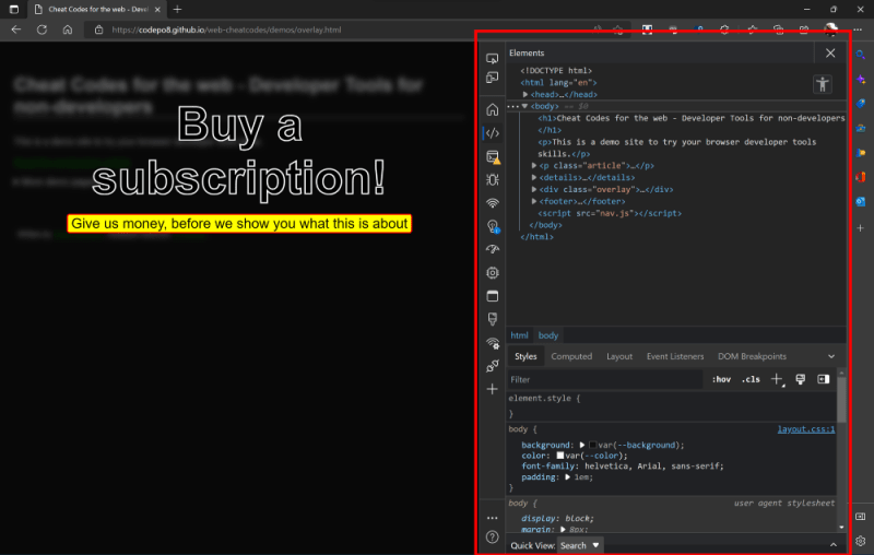 The Developer Tools open in Microsoft Edge