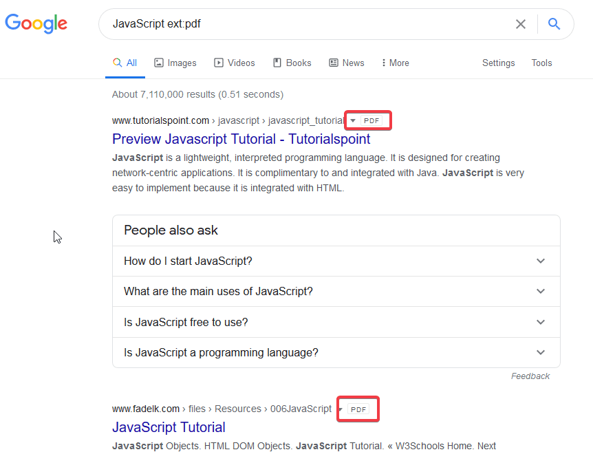 Google search result for JavaScript PDF documents