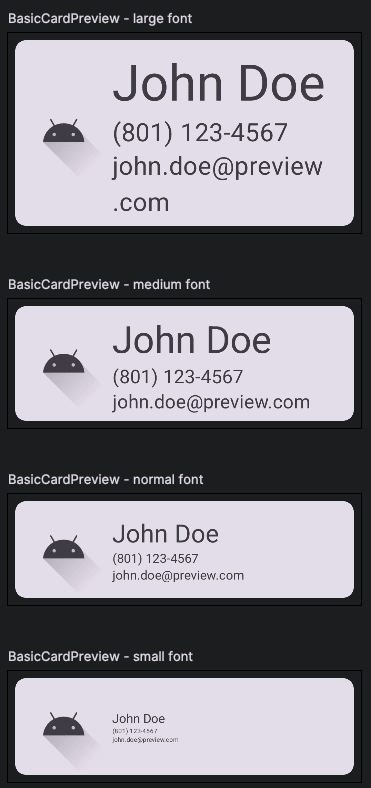 A screenshot showing several basic cards with varying font sizes