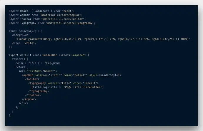 Code snippet of the header bar component, no ESLint yet