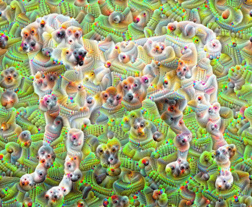 An AI-generated image of a dog produced by Deep Dream, rendered in surreal and dreamlike swirling patterns and vibrant colors.