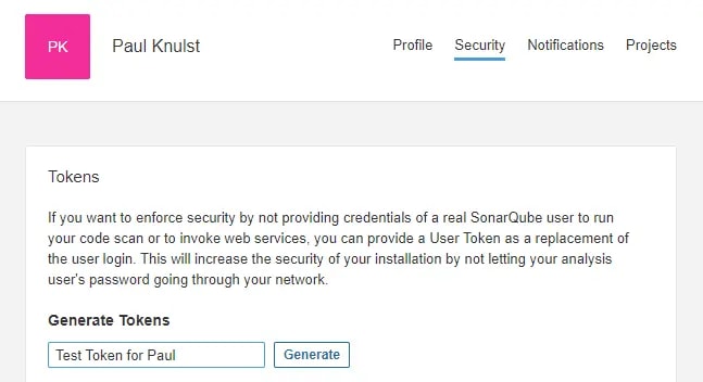 Generate a user token within the admin menu of SonarQube