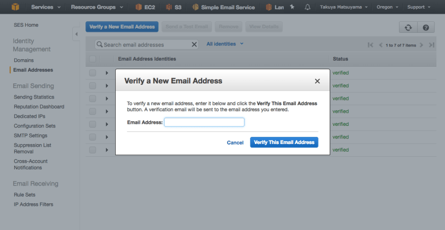 Registering your email address to SES.