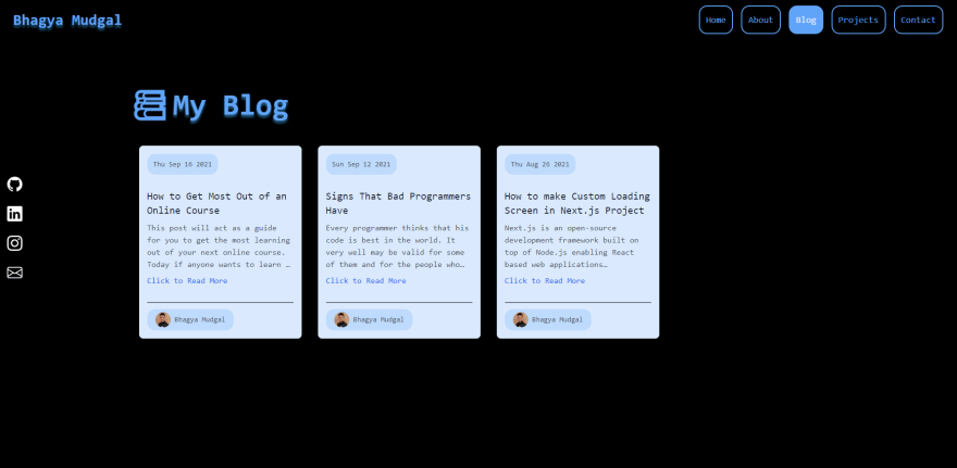 3 blog post cards in light blue on black background, they contain a published date, title, brief description and author information