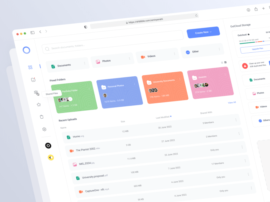 by [Amirhosein Panahi](https://dribbble.com/shots/18789153-Outcloud-Cloud-Storage-Dashboard)