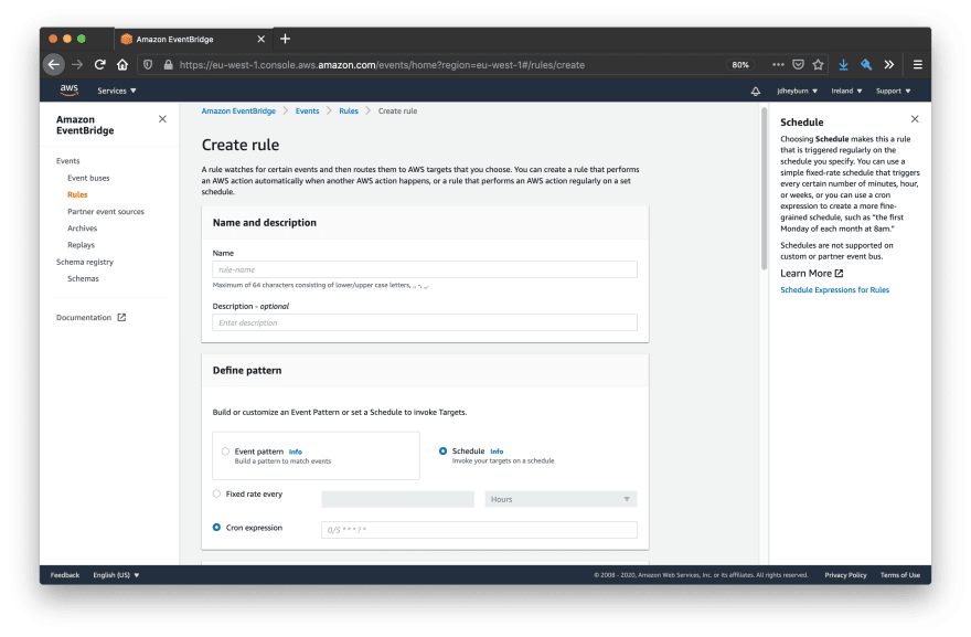 The EventBridge rule creation page, there is no option to schedule the rule to a timezone