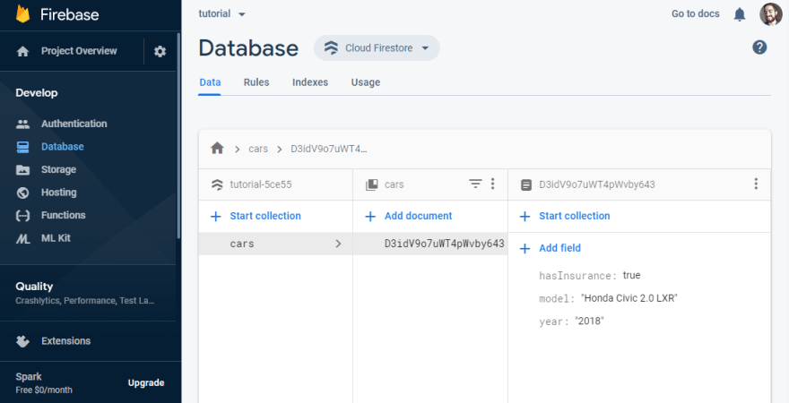 Example database containing data from cars