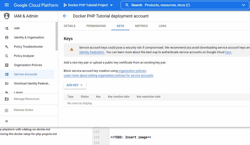 Create a new key file for a GCP service account