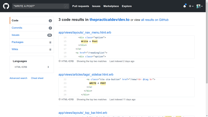 Screenshot of search results after searching write a post which display result from a file named _nav_menu_html.erb at the top