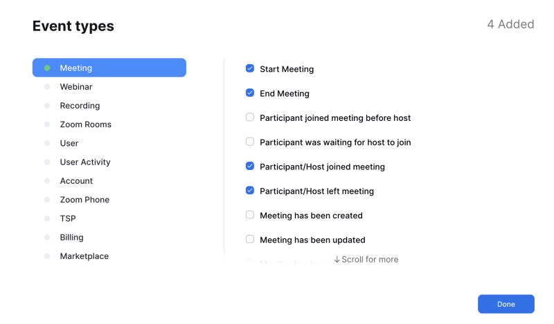 Zoom webhook event types selection screen with "Start Meeting", "End Meeting", "Participant/Host joined meeting", "Participant/Host left meeting" selected