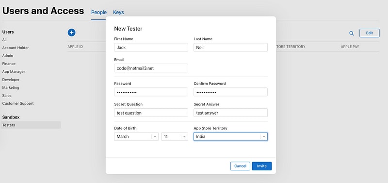 Add new Sandbox test user in App Store connect