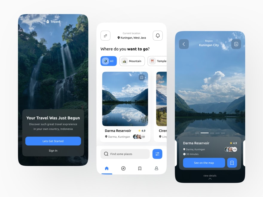 by [Ihya Fathurr](https://dribbble.com/shots/18086820-Troov-Travel-Mobile-App)