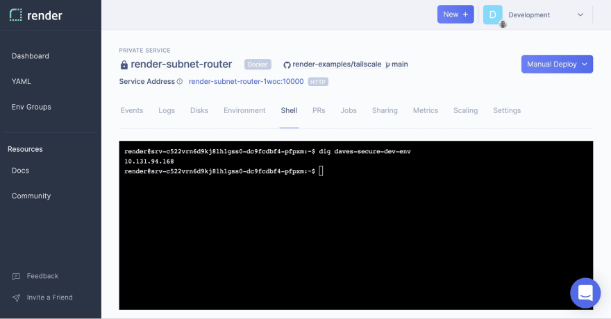 Screenshot of using Render web shell to get service IP address