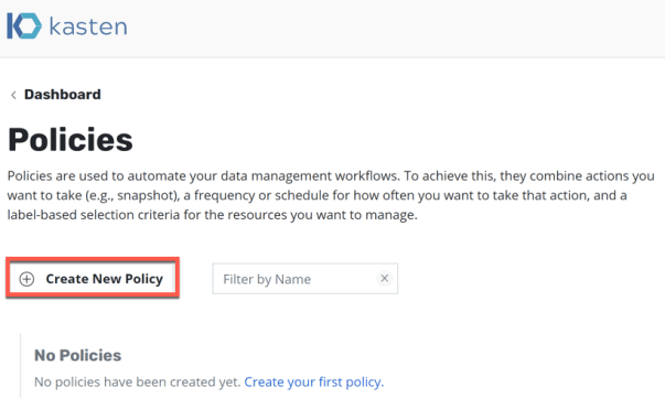 Kasten Dashboard create new policy