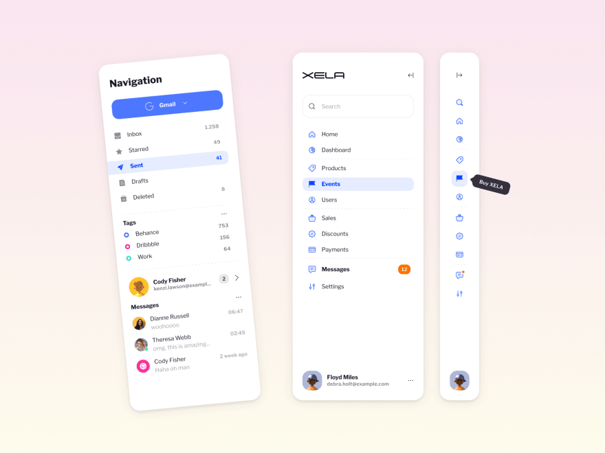 by [Roman Kamushken](https://dribbble.com/shots/18142168-Navigation-UI-design-templates-XELA-Dashboard-kit)