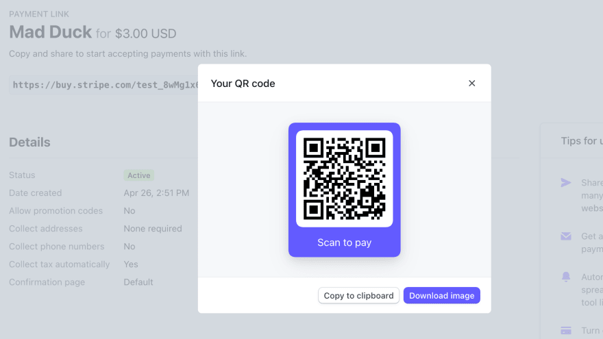 Generated QR code in the Dashboard
