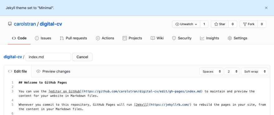 Markdown editor page with a new index.md file and some boilerplate content.
