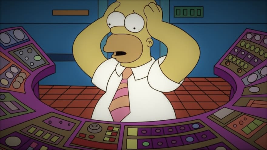 Homer Simpson at his new job, looking at switches on the panel and having trouble to choose