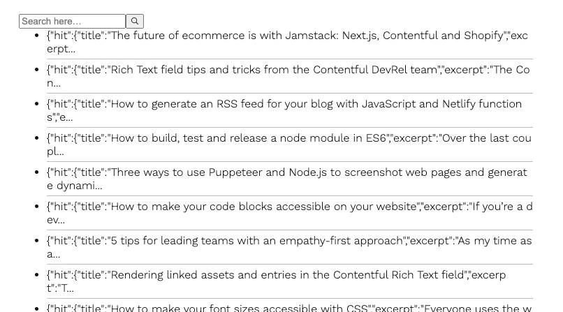 A screenshot of the default InstantSearch unstyled UI, available after doing the minimal setup.