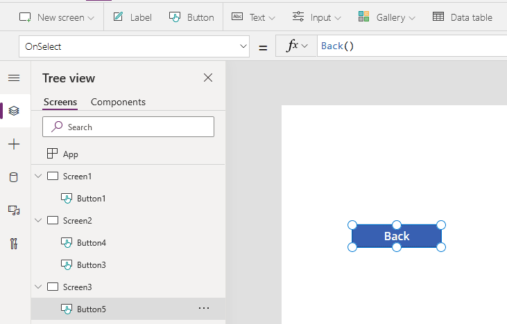 A picture showing how to add the Back function for Screen 3 in PowerApps