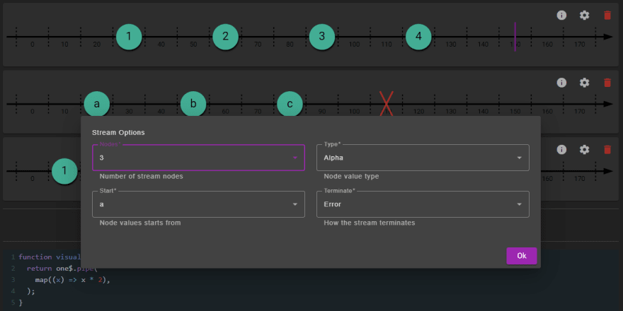 Input observable stream options modal