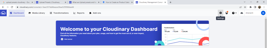 Cloudinary Console Settings Tab
