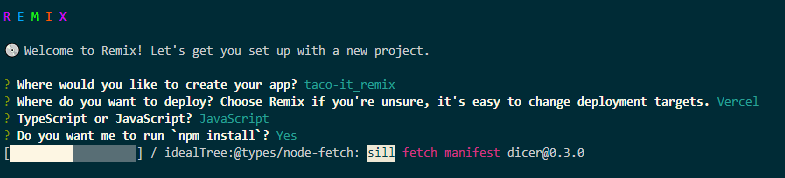 Terminal showing Create Remix App commands and options chosen