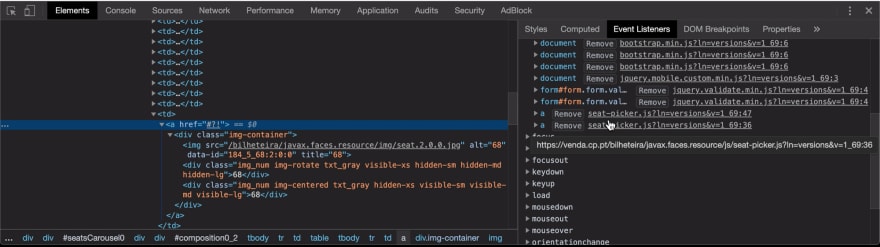 Click Event Listeners for the <a href="#?!"> elements on each seat