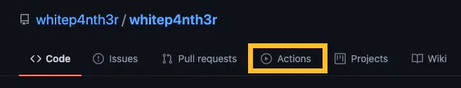 A screenshot of the GitHub repository UI highlighting the position of the Actions button.