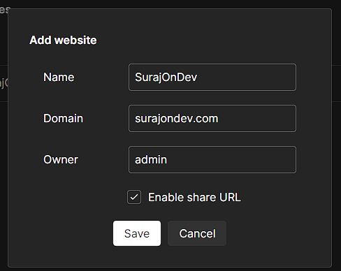 Screen shot of Add Website