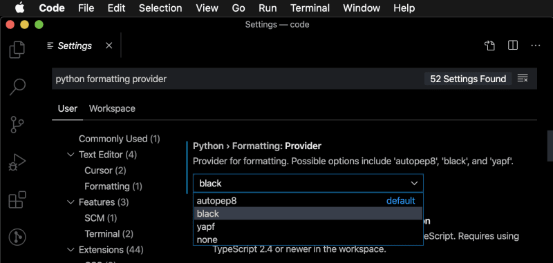 The VSCode settings interface for the "python formatting provider" options