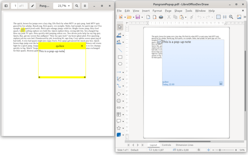 Screenshot: Pop-up Note annotation in PDF viewer (Evince) and Draw