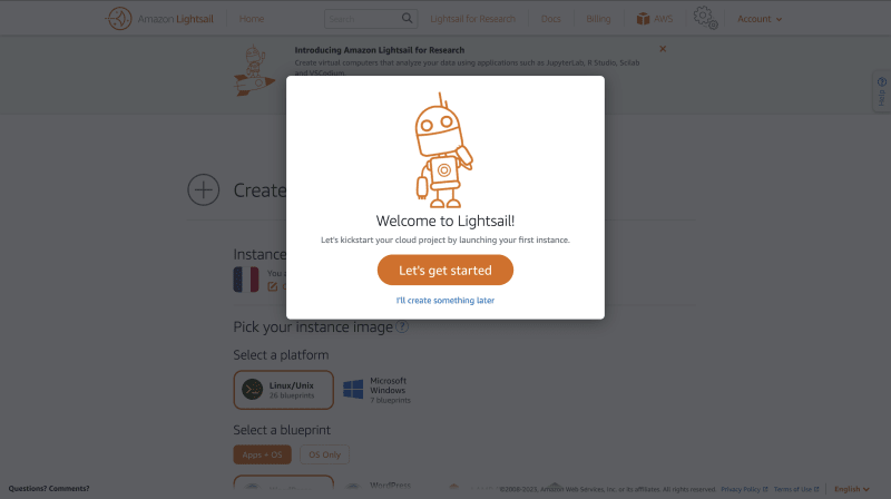 Lightsail Dashboard Welcome