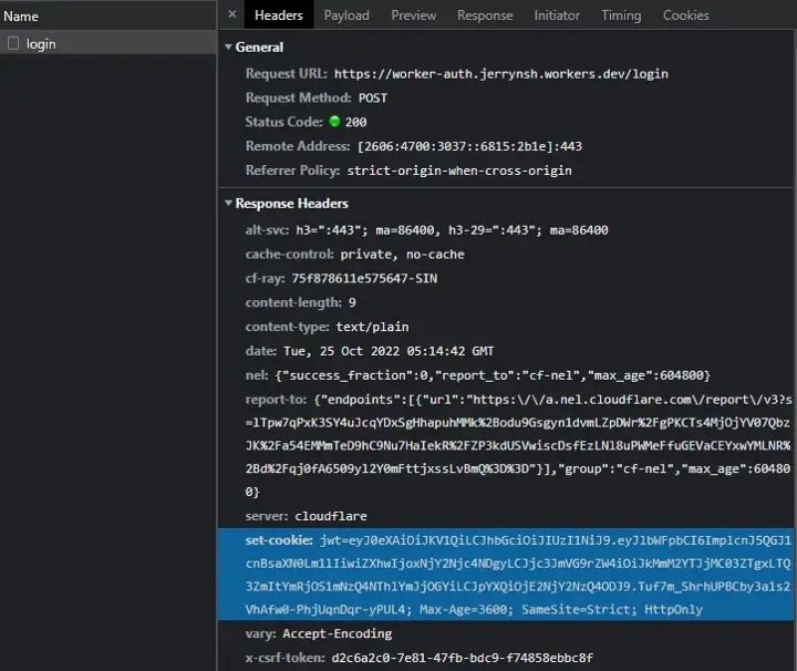 An example of how a Cookie is received. You should never publicly share your JWT! (this JWT is no longer in use).<br>
