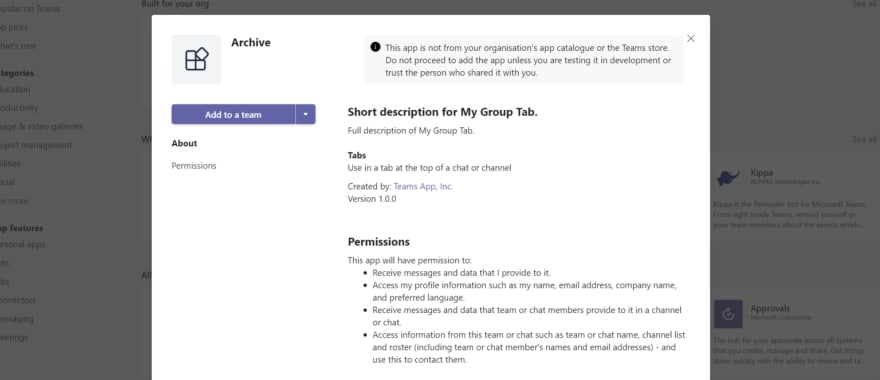 The add app to teams dialog