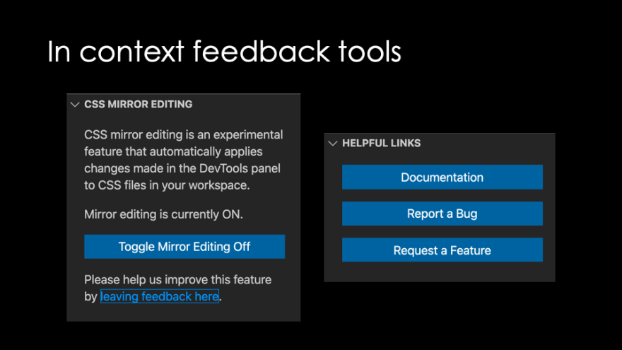 Screenshot of the in-context links provided in the VS Code extension to demand new features, file bugs and learn abour experiments